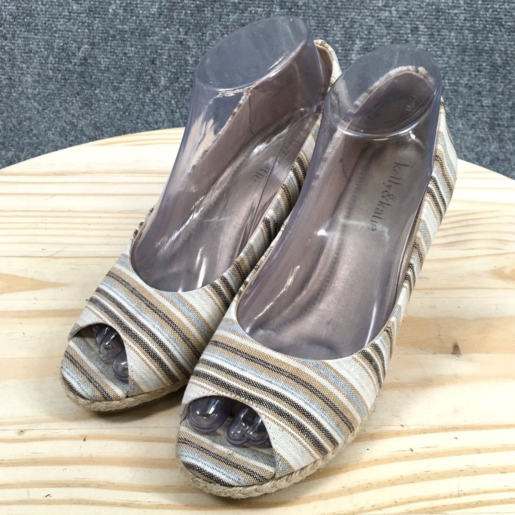 Vintage Kelly & Katie Sandal Womens 7 Brown Peep Toe Slip On Wedge Heels Casual Canvas Shoes Size US 7 / IT 37 - 3 Thumbnail