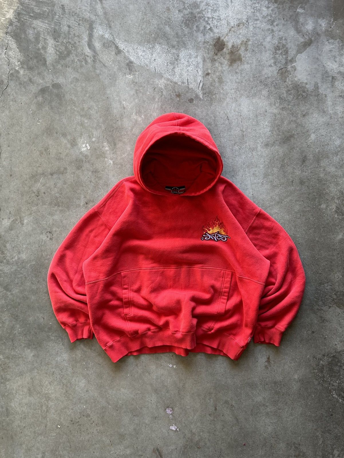 image of 1990’S Jnco Jeans 8 Ball Flame Hoodie in Red, Men's (Size XL)