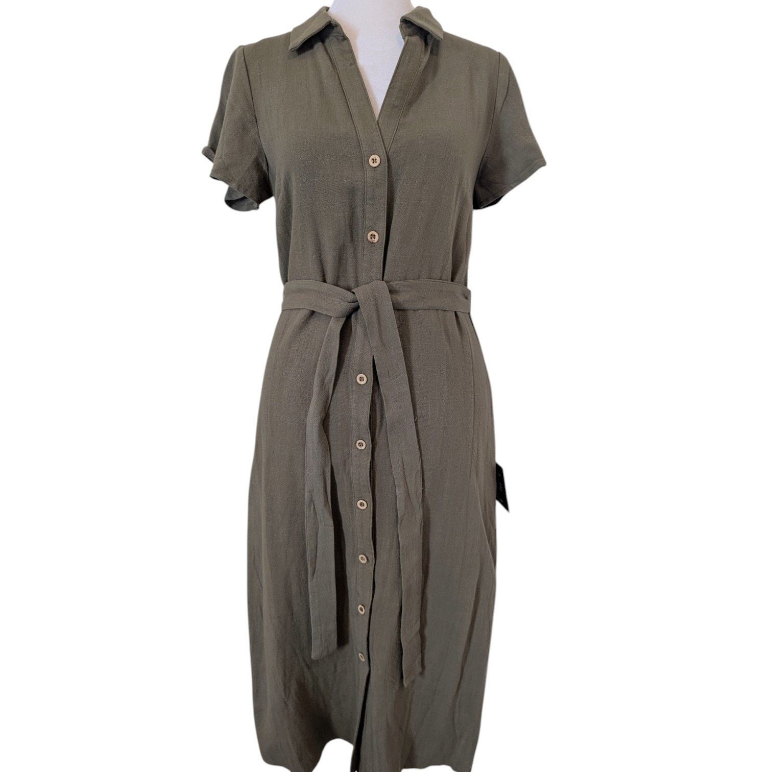Lulus NWT Lulus Italian Summer Olive Green Linen Button-Up Dress Size XS / US 0-2 / IT 36-38 - 3 Thumbnail