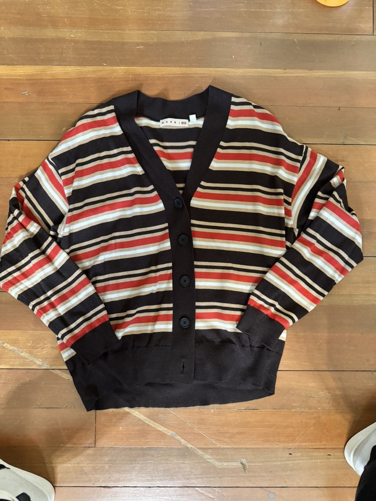 Marni x Uniqlo mens cardigan orange brown white red tan