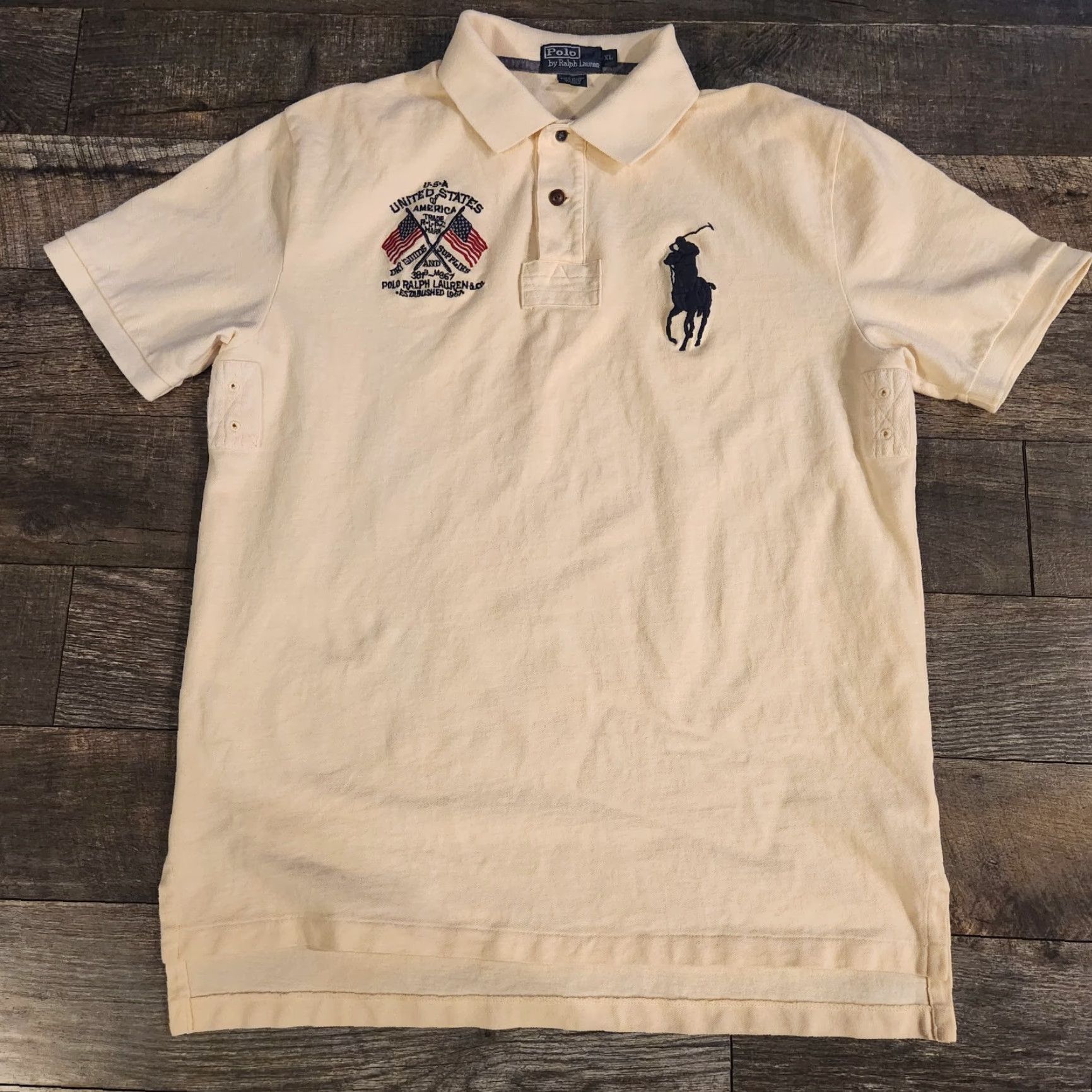 Polo Ralph Lauren VINTAGE Polo Ralph Lauren Polo USA Dry Goods Shirt Rugby Mens XL Embroidered Flag Ivory Size US XL / EU 56 / 4 - 2 Thumbnail
