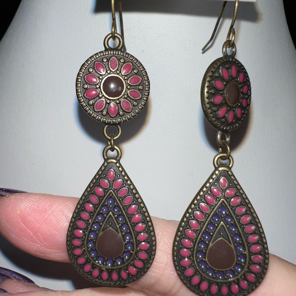 Vintage Vintage Bronze Tone Mosaic Teardrop Dangle Earrings Size ONE SIZE - 3 Thumbnail