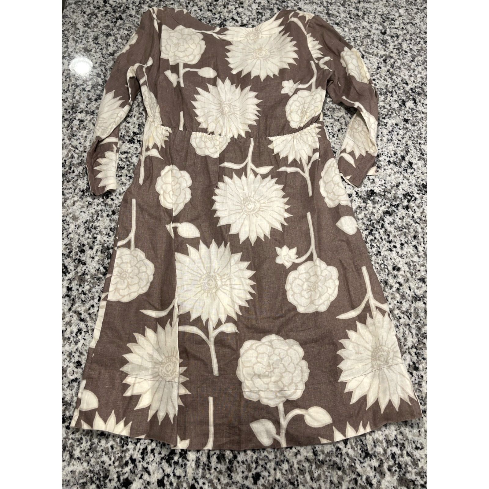 Boden Dress Floral Linen A-Line 3/4 Sleeve Brown Cream Size 8 Womens
