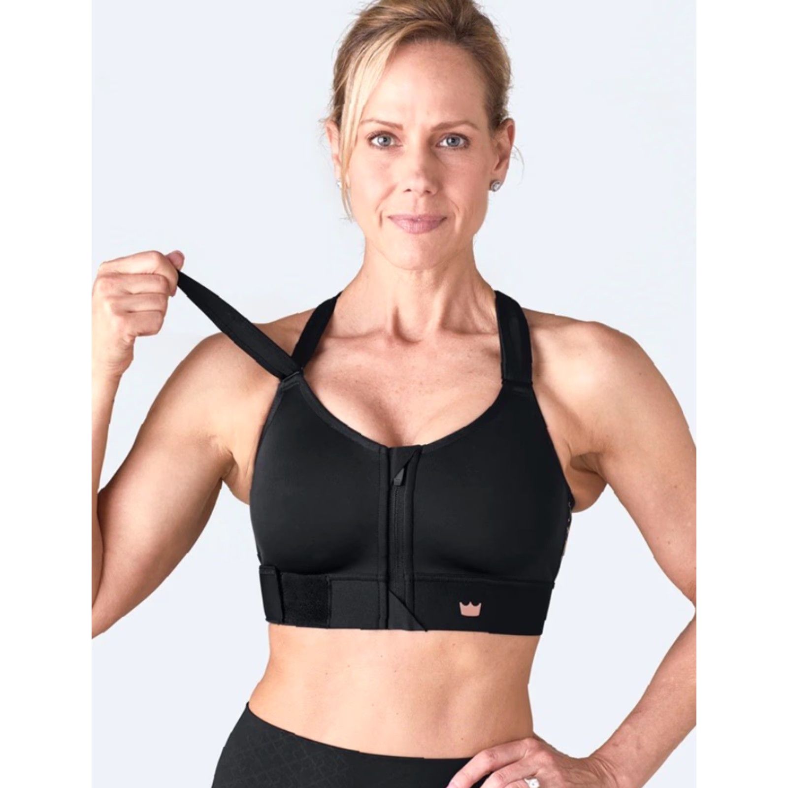 Vintage SHEFIT Flex High Impact Sports Bra Zip Front Black Gold Adjustable 110003 Sz M Size ONE SIZE - 3 Thumbnail