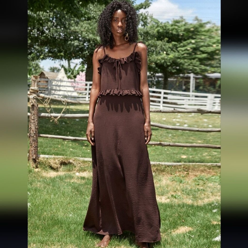 Shein NWOT Shein Tie Shoulder Knot Front Ruffle Trim Maxi Dress Size M / US 6-8 / IT 42-44 - 1 Thumbnail