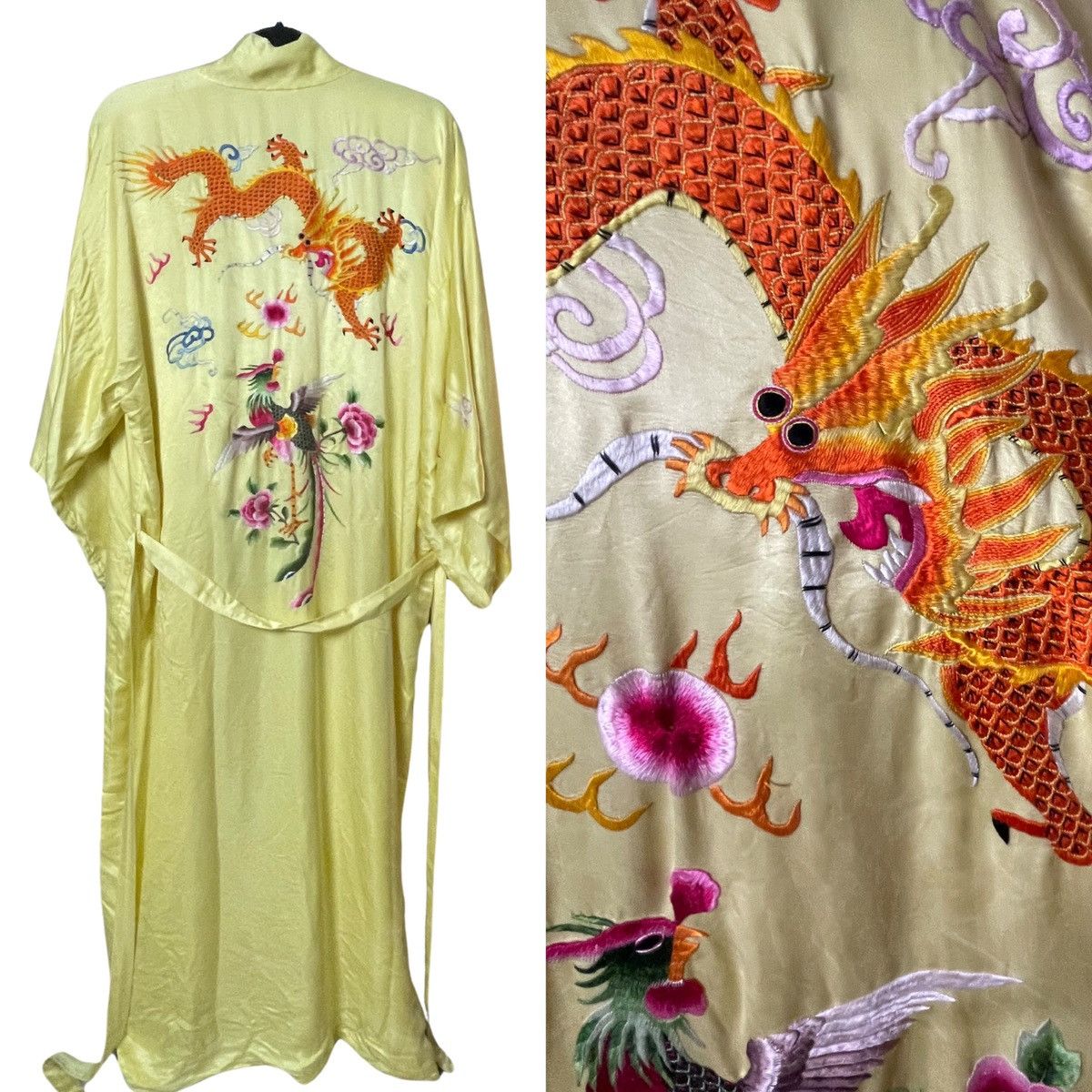 image of Antique x Vintage 1940S Silk Chinese Dragon Embroidered Robe in Yellow, Women's (Size Small)