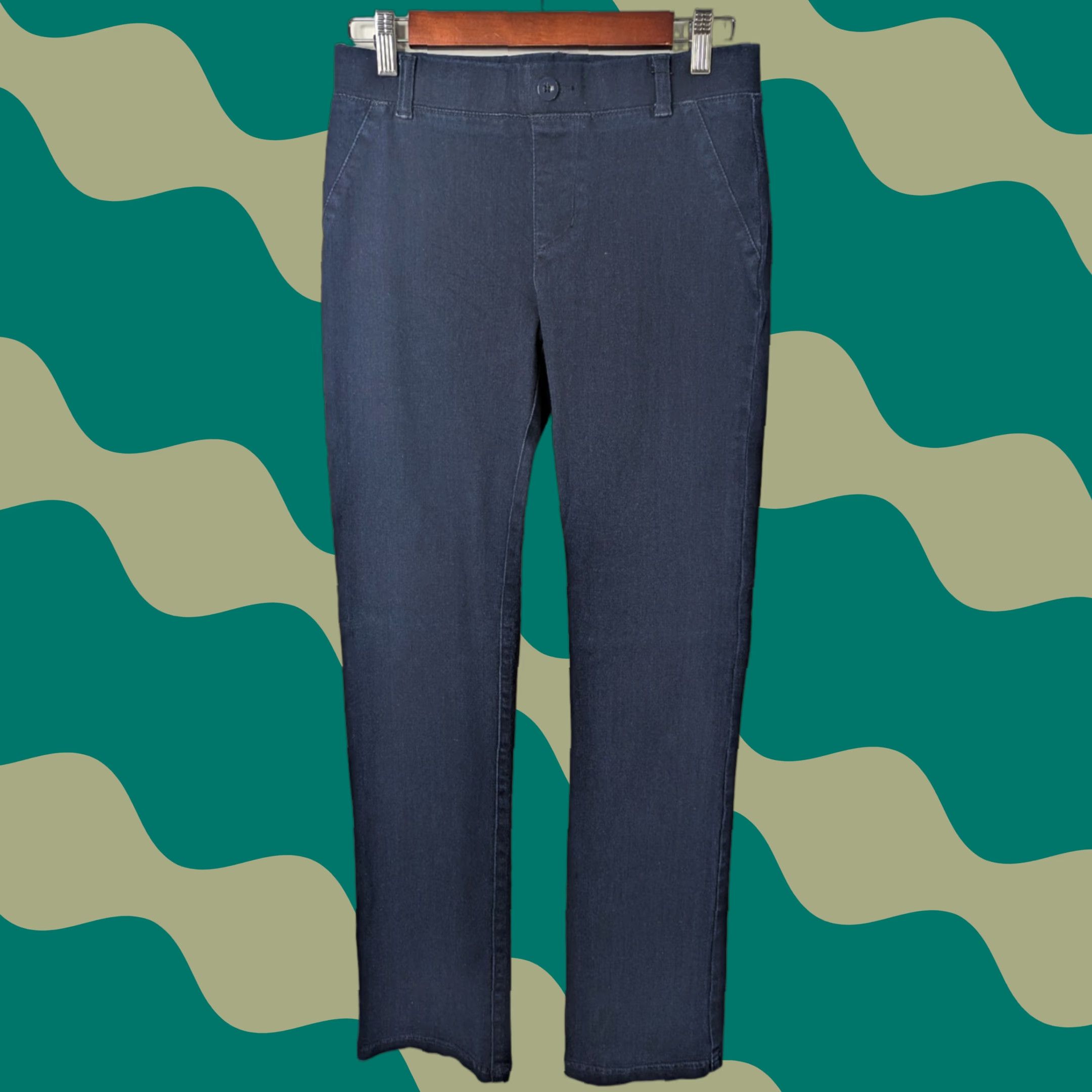 Denime Betabrand Denim Jeans Straight Leg W0626 S Indigo 4-Way Stretch Elastic Waist Logo Pockets Long Classic Women’s Pants Size 28" / US 6 / IT 42 - 1 Thumbnail