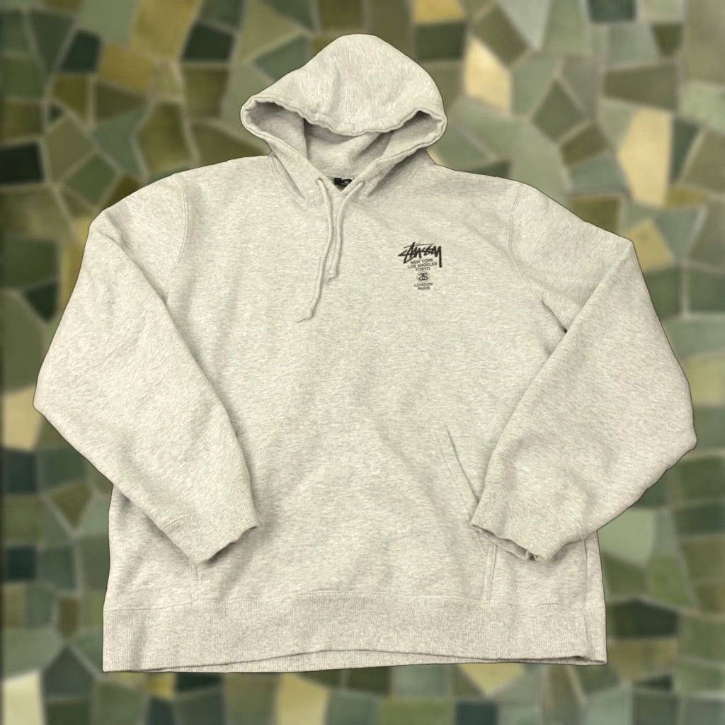 Stussy World Tour Logo Hoodie Mens XXL Gray Sweatshirt