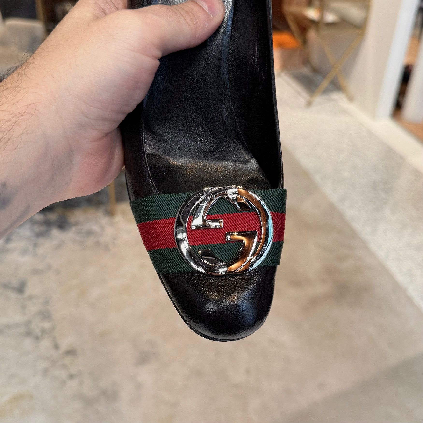 Gucci Gucci Black Leather Web Stripe Interlocking GG Pumps Size US 7.5 / IT 37.5 - 12 Thumbnail
