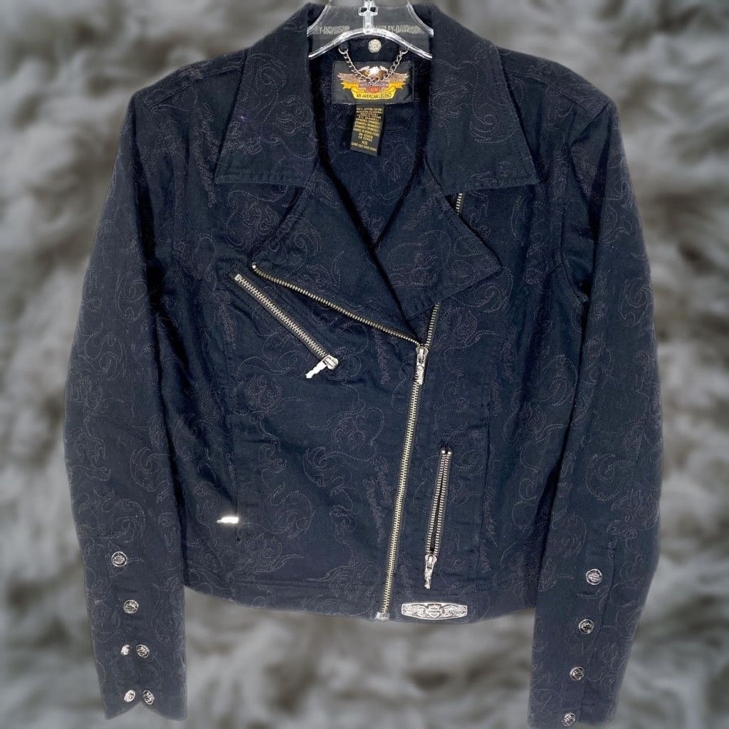 Harley Davidson VINTAGE Harley Davidson Jacket Women XS Black Denim Biker Grunge Embroidered Zipper Slip-On Short Sleeve? Size XS / US 0-2 / IT 36-38 - 1 Thumbnail