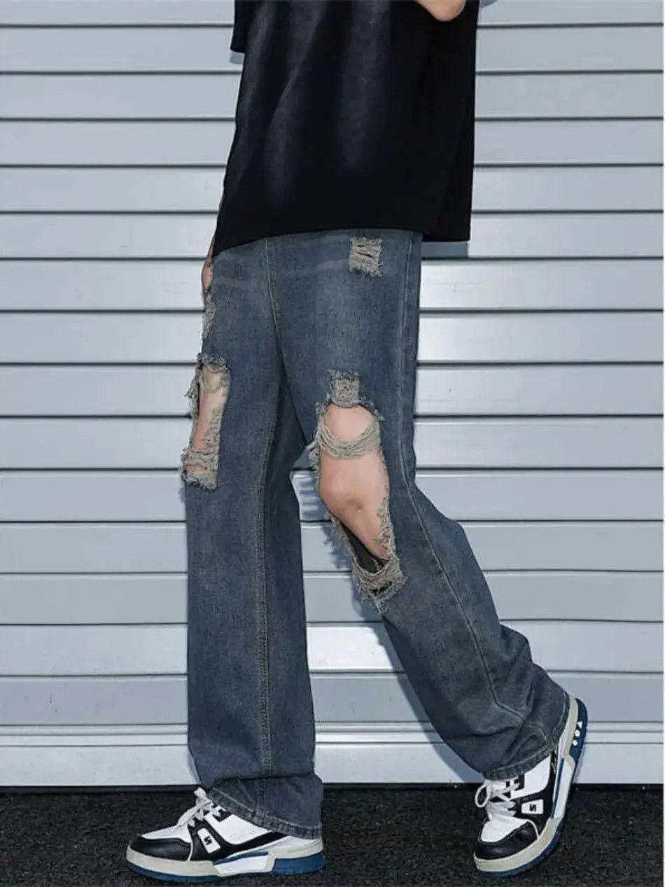 Japanese Brand Straight fit wide leg ripped jeans Size US 32 / EU 48 - 2 Thumbnail