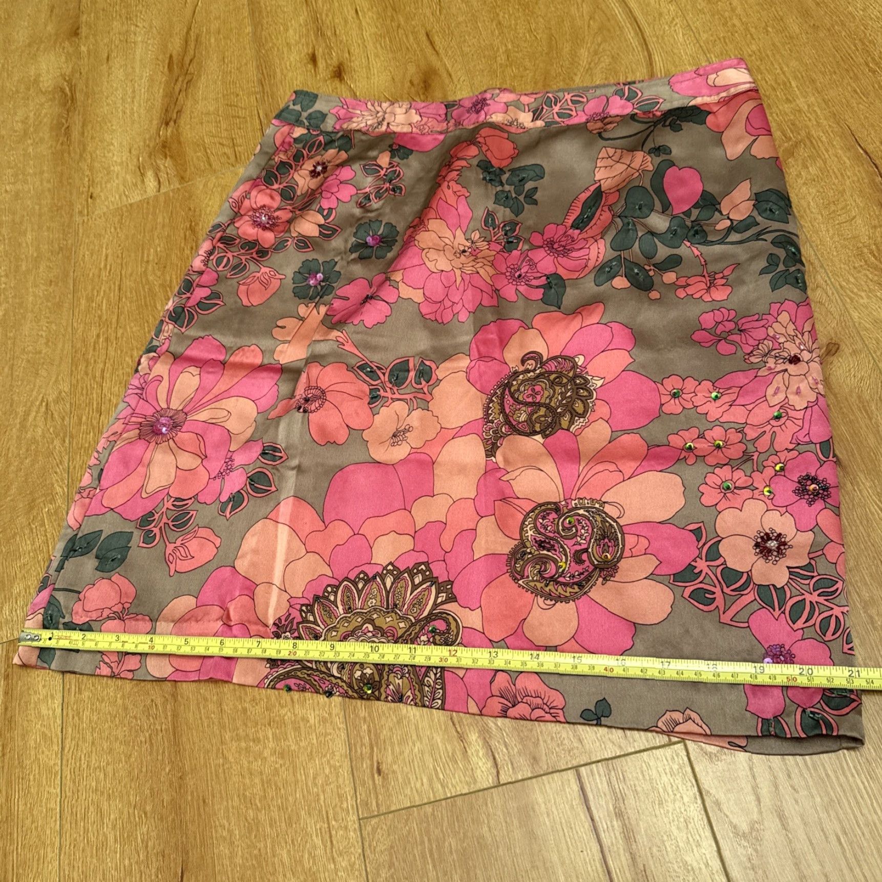Pinko VINTAGE Plenty Silk Pencil Skirt Beaded Floral Satin Pink 90s Y2K Knee Length Womens Regular Large Yellow Size 36" / US 14 / IT 50 - 6 Thumbnail