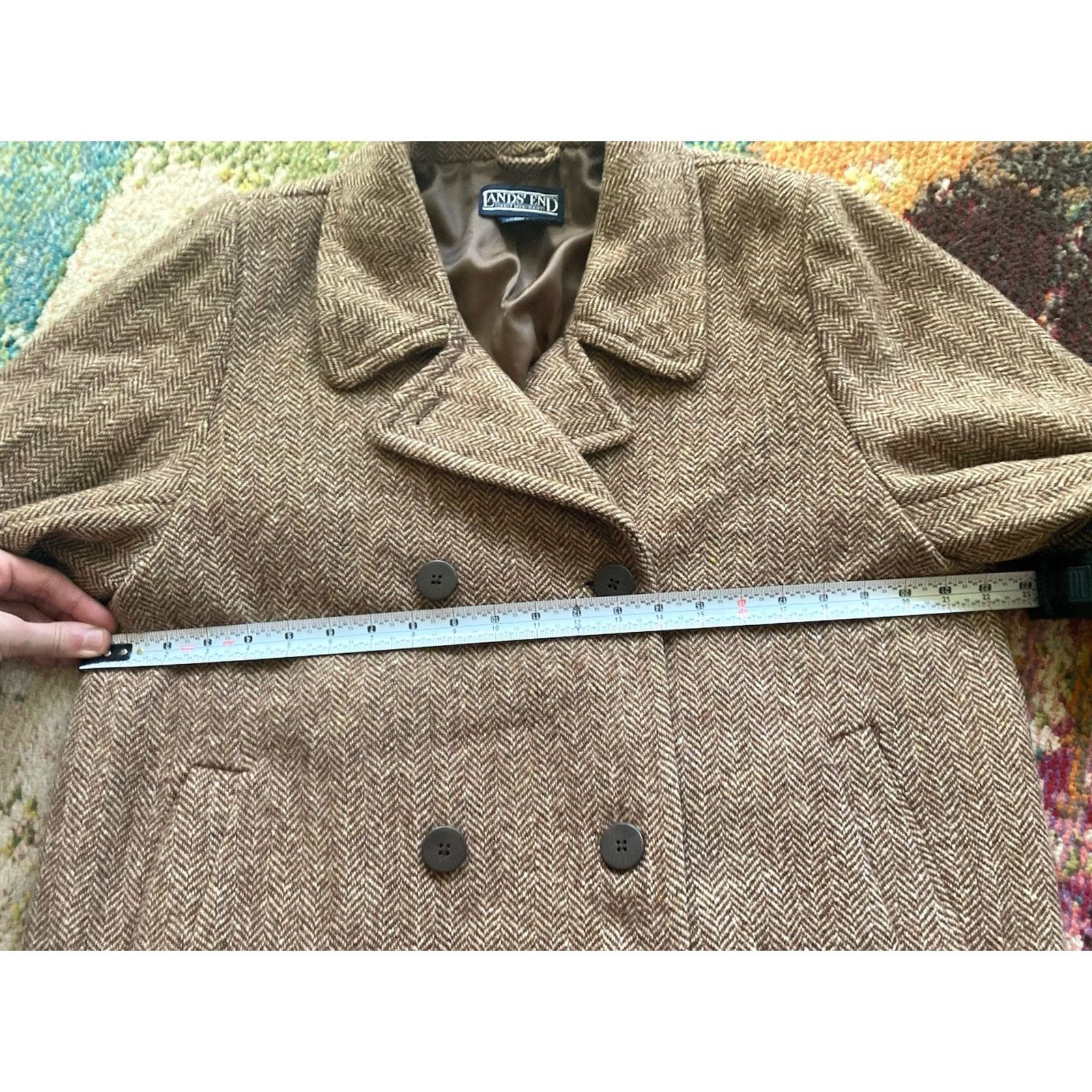 Lands' End Lands' End Womens XL Beige Herringbone Pea Coat Wool Blend Overcoat Size XL / US 12-14 / IT 48-50 - 7 Thumbnail