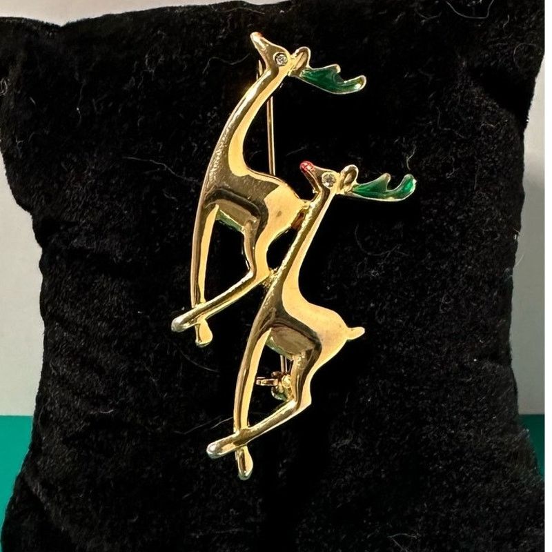 Vintage Vintage Brooch Pin Christmas Double Reindeer Gold Tone 2" Size ONE SIZE - 5 Thumbnail