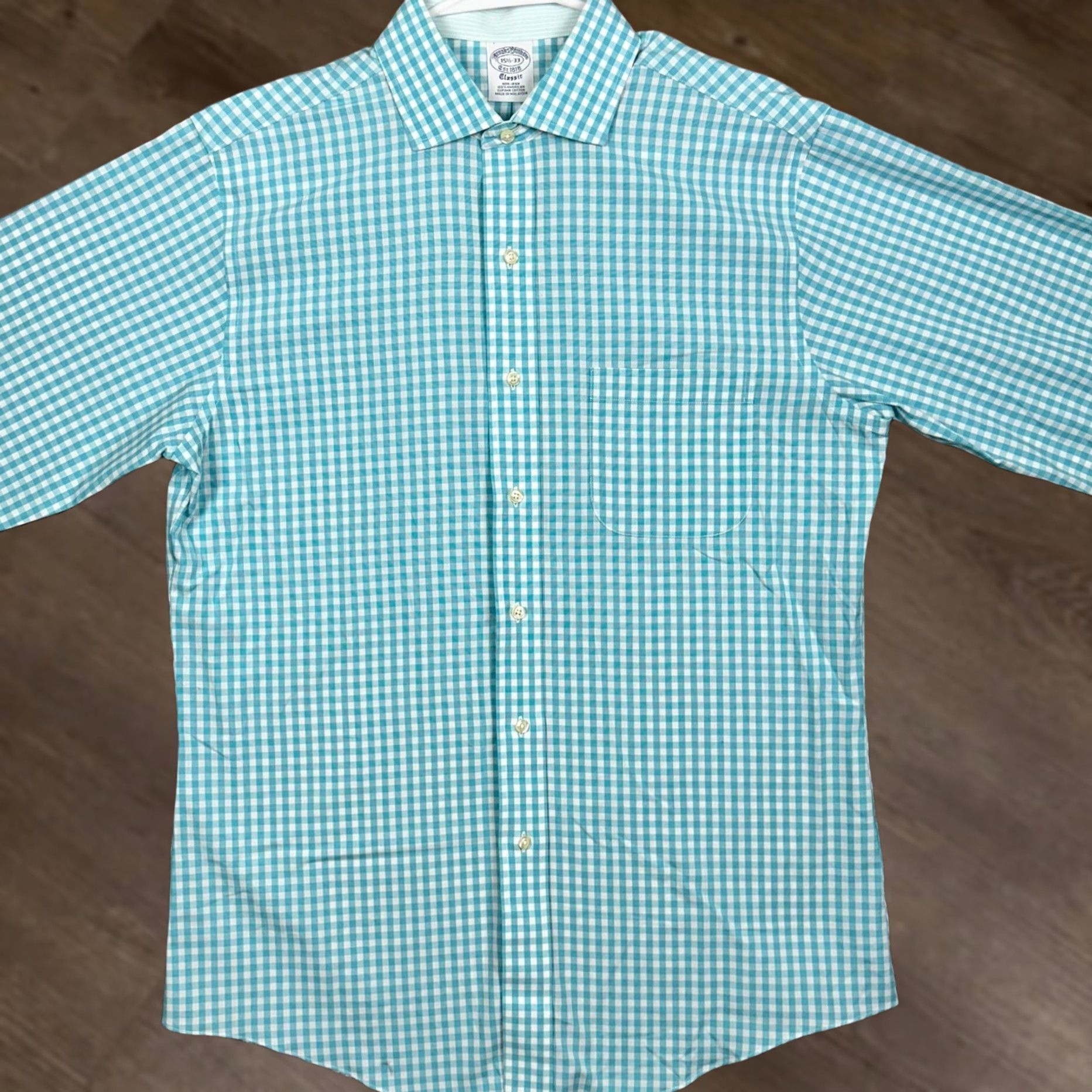 Brooks Brothers Brooks Brothers Dress Shirt Men 15.5-33 Supima Cotton Gingham Classic Fit Non-Iron 100% Blue Teal Check EUC Size 42R - 1 Thumbnail