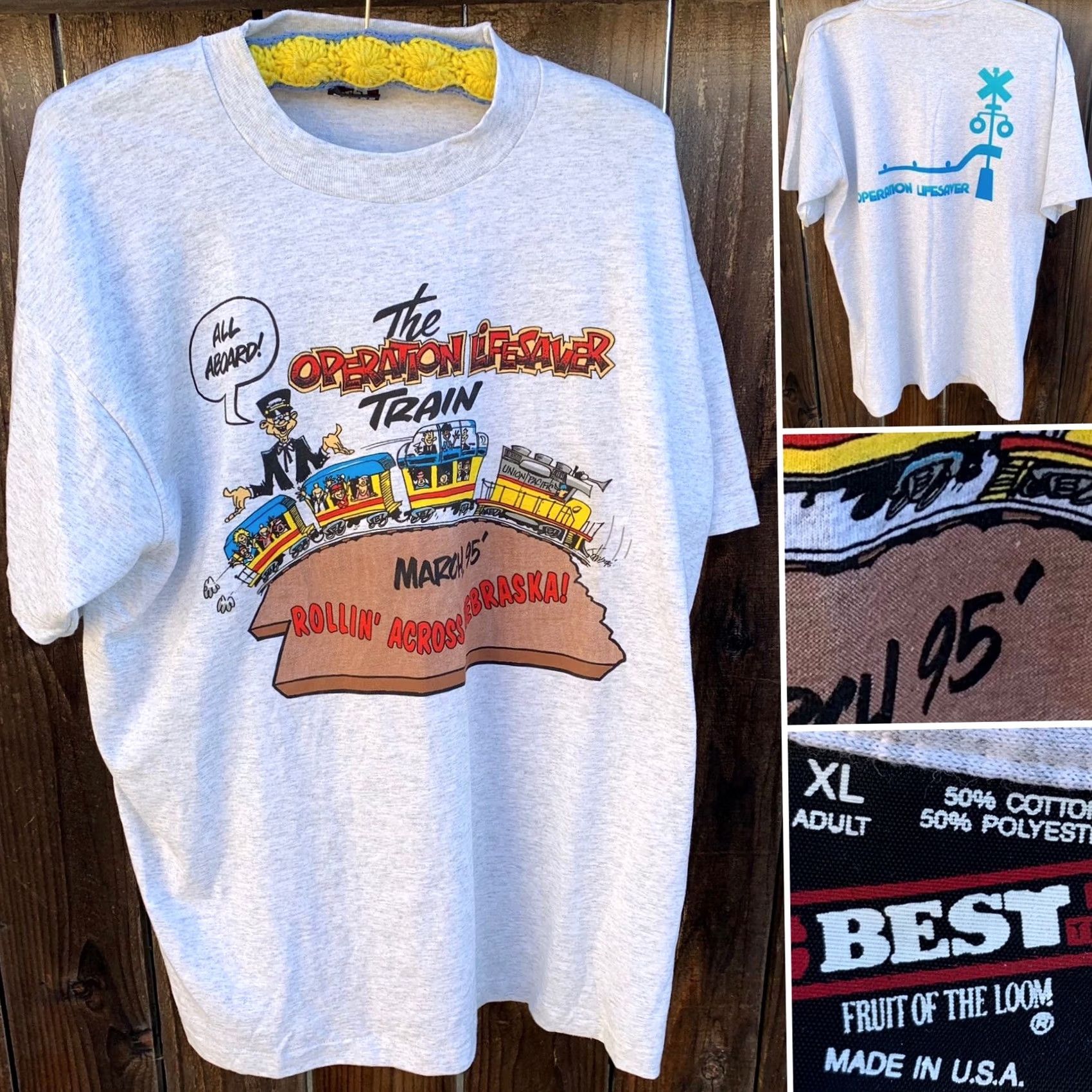 Fruit Of The Loom VINTAGE Fruit of the Loom T-Shirt Unisex XL Gray 1990s Operation Lifesaver Train March 95 Rollin’ Across Nebraska! Size US XL / EU 56 / 4 - 3 Thumbnail