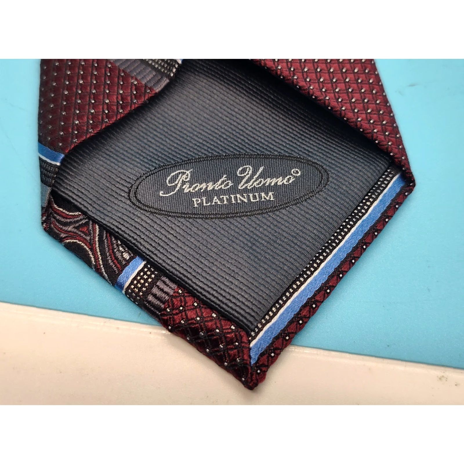 Pronto Uomo VINTAGE Pronto Uomo Silk Necktie Mens Long 3" Burgundy Paisley Silver Geometric Preppy 61" NEW Size ONE SIZE - 6 Thumbnail