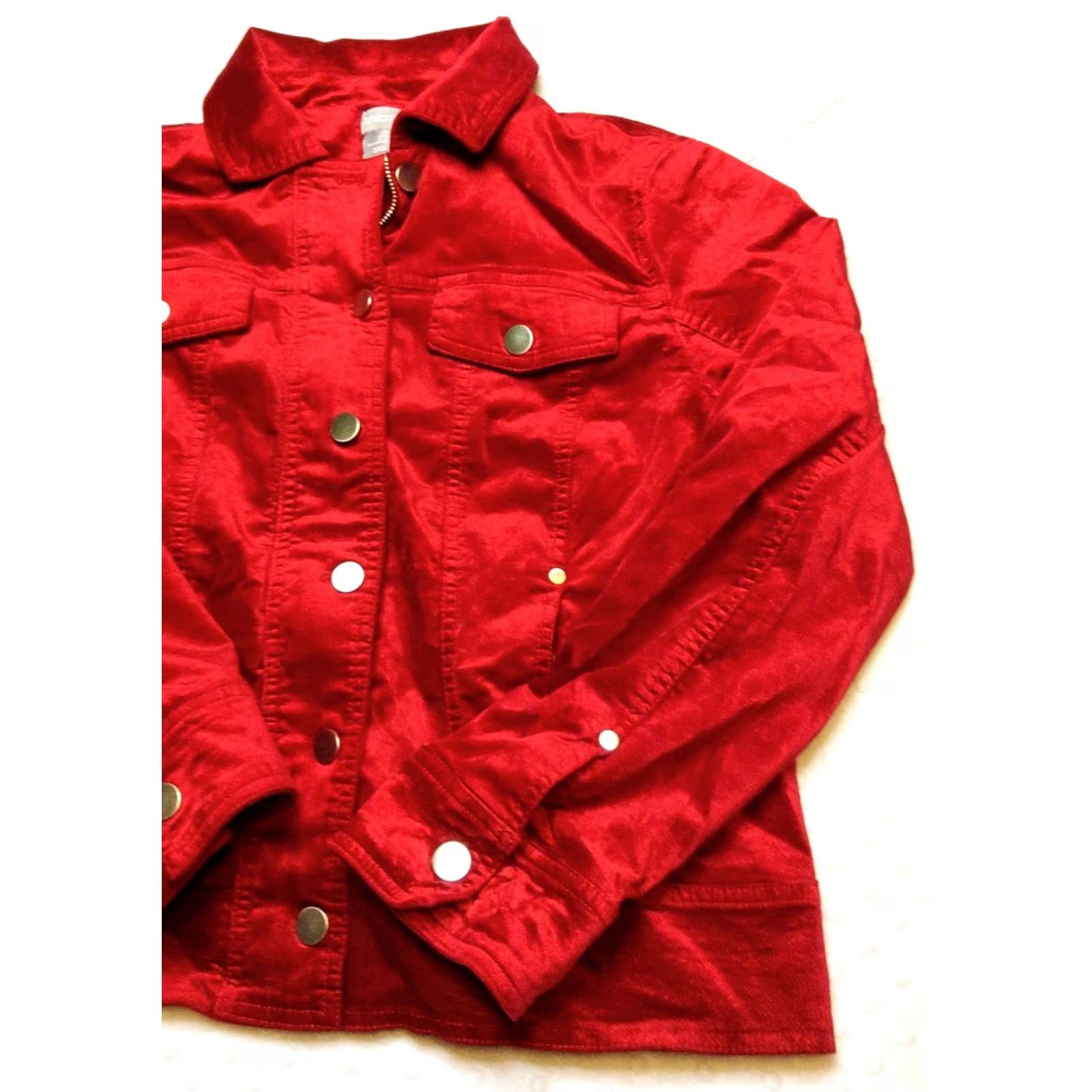 Vintage Chico's Red Velvet Denim Style Jacket Women's Regular 12/14 Short Lined Casual Party/Cocktail Fall Spring Summer Winter Velvet Denim Velvet Jacket Size XL / US 12-14 / IT 48-50 - 2 Thumbnail