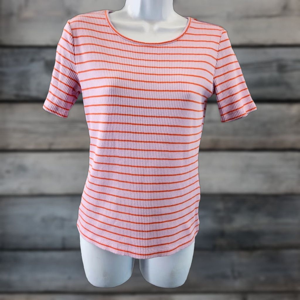 Ann Taylor Ann Taylor Womens Blouse Shirt Small Pink Orange Stripe Cotton Blend Short Sleeve Round Neck Woman Indoor Ladies Shirt Size S / US 4 / IT 40 - 1 Thumbnail