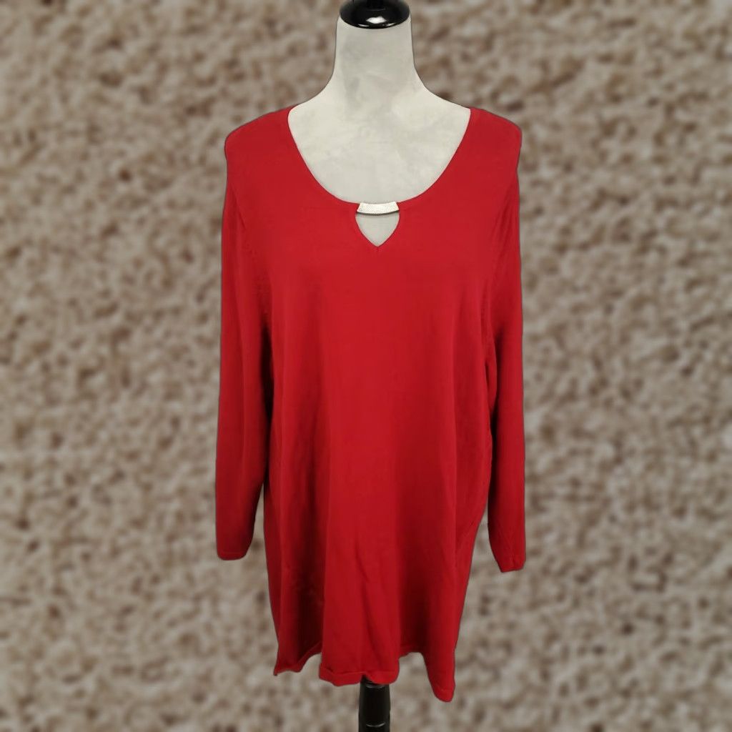 Vintage Catherines Blouse Tunic Womens 2X Red Knit 100% Cotton Long Sleeve V-Neck Casual Shirt Mens? Size XXL / US 16-18 / IT 52-54 - 1 Thumbnail