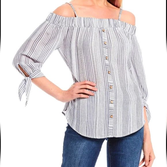 Vacation iZ Byer Juniors' Whipstitch-Stripe Off-The-Shldr Top Summer Size S / US 4 / IT 40 - 2 Thumbnail
