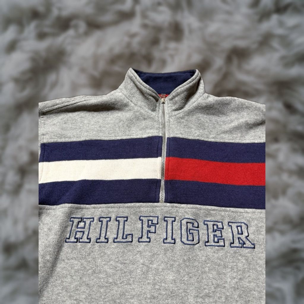 VINTAGE Tommy Hilfiger Spellout 1/4 Zip Fleece Pullover XL Gray 90s Men’s
