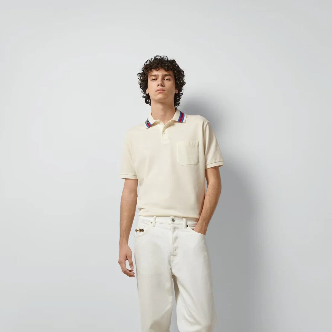 Gucci o1loc1c0326 Cotton Piquet Polo Shirt With Square GG Cream Size US S / EU 44-46 / 1 - 2 Thumbnail