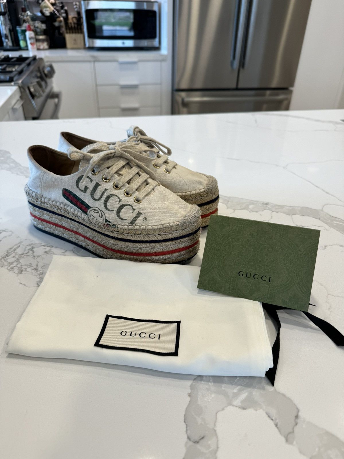 image of Gucci Espadrille Logo Platform Shoes in White, Women's (Size 4)