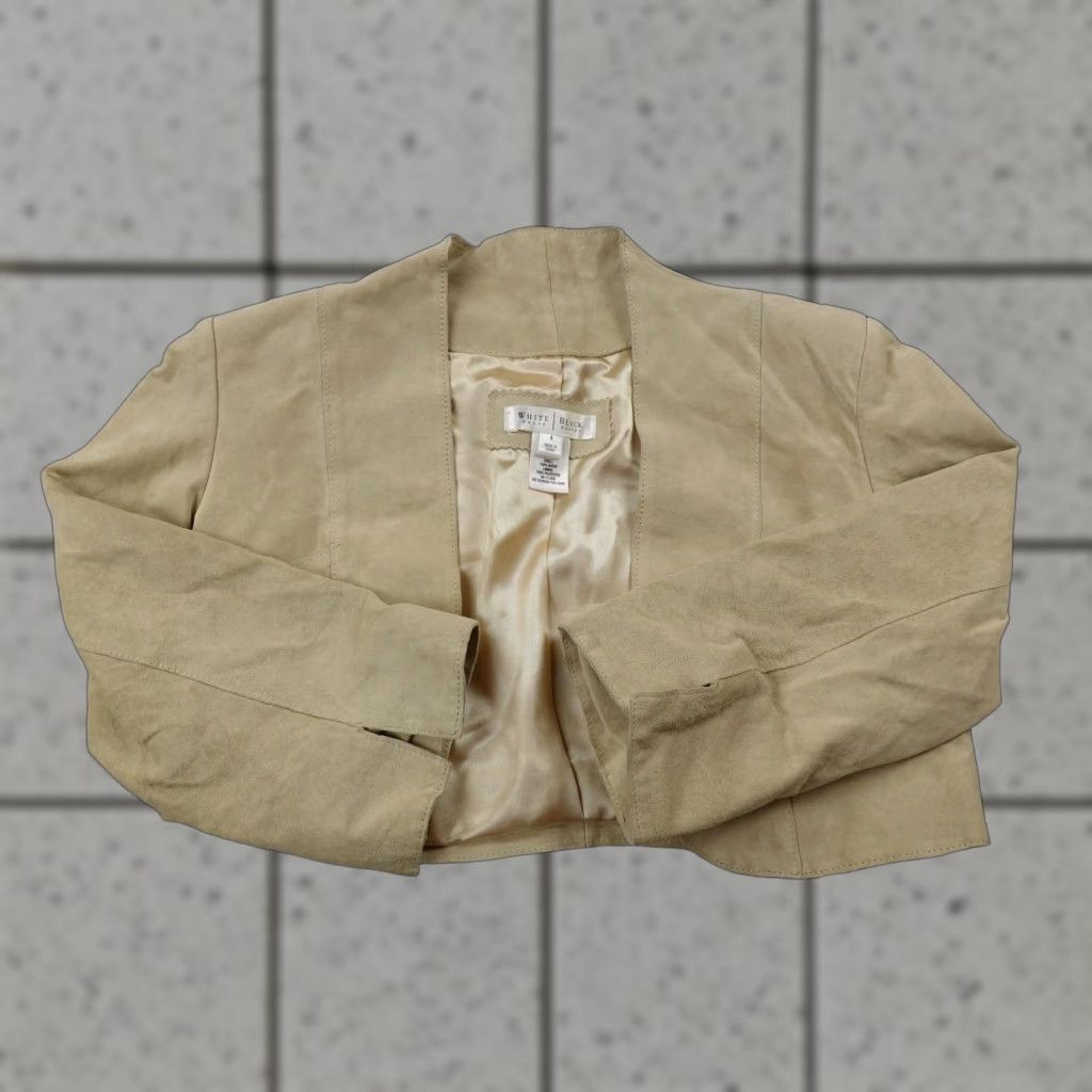 White House Black Market WHBM Jacket Womens 4 Beige Tan Suede Leather Open Front Lined Crop Bolero Coat Shirt Womens 4 Beige Tan Suede Size S / US 4 / IT 40 - 1 Thumbnail