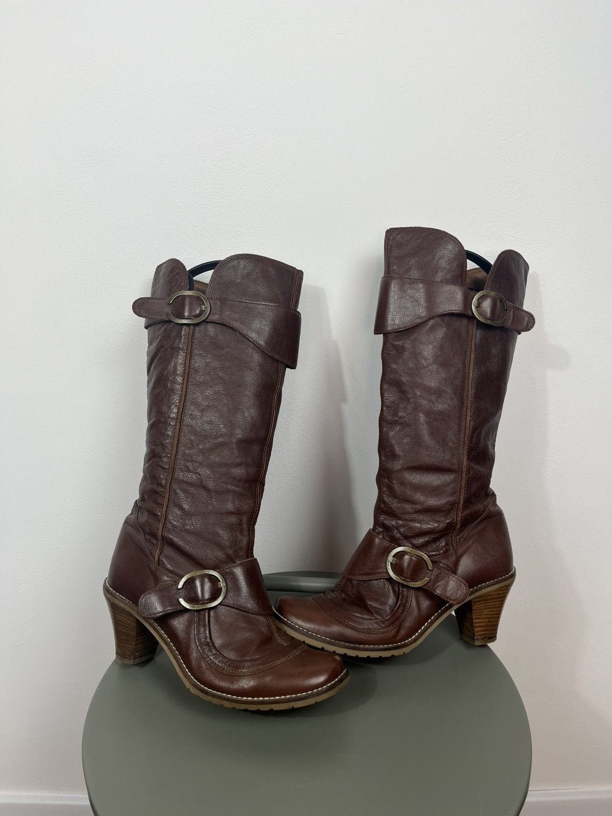 Women’s Brown Leather Knee High Boots Buckle Heel EU 40