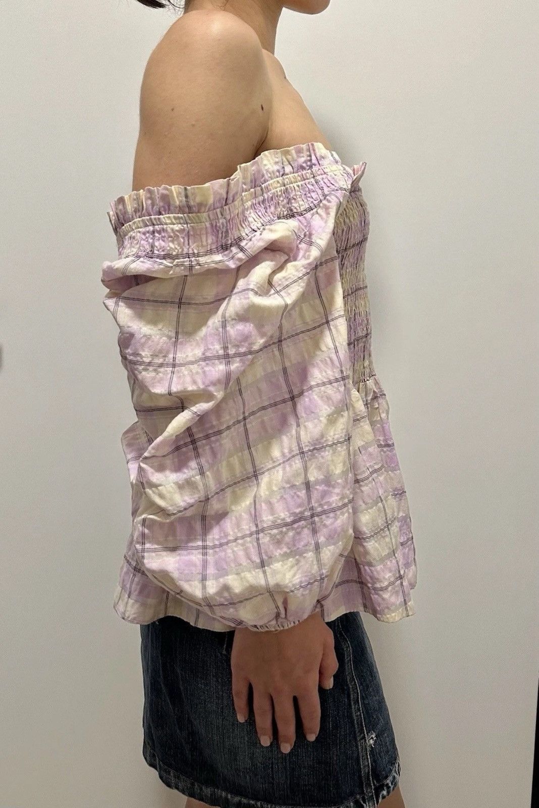 Ganni Ganni Ba.A Plaid Check Cotton Balloon Sleeve Purple Blouse Size XS / US 0-2 / IT 36-38 - 6 Thumbnail