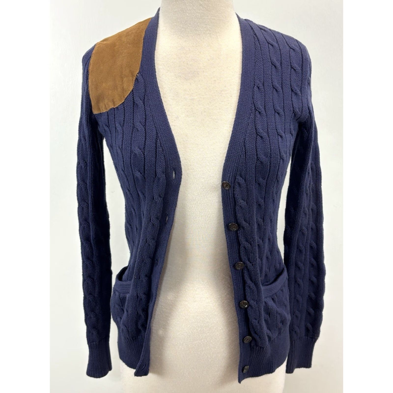 Ralph Lauren VINTAGE Ralph Lauren Cardigan Sweater Women’s XS Navy Blue Suede Patch Cable-Knit 90s Size XS / US 0-2 / IT 36-38 - 6 Thumbnail