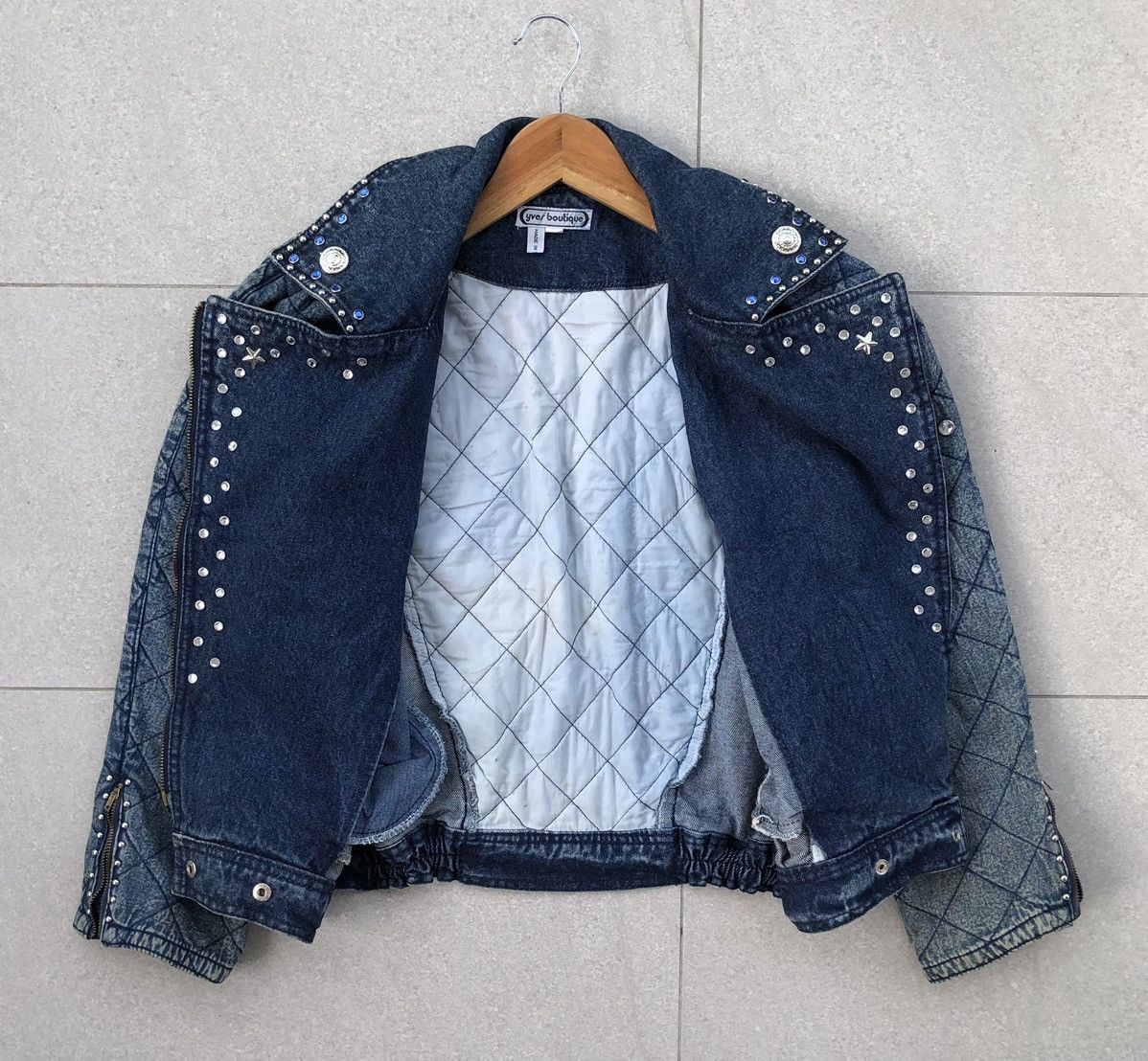 Vintage YVES BOUTIQUE Double Collar Biker Cropped Quilted Jacket Size M / US 6-8 / IT 42-44 - 11 Thumbnail