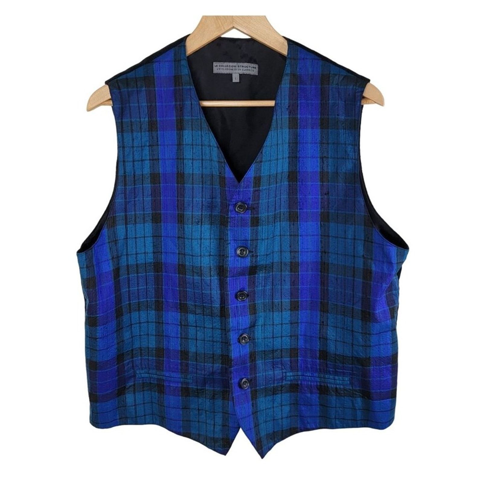 Vintage Le Collezioni Structure Plaid Silk Vest size L Blue Italy Size 40R - 1 Thumbnail