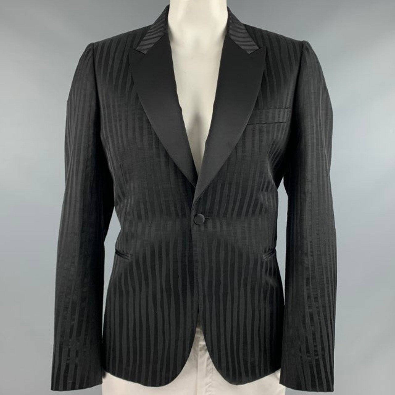 Paul Smith PAUL SMITH Black Stripe Viscose Cotton Peak Lapel Sport Coat Size 44R - 1 Thumbnail