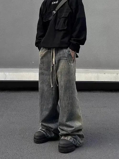 Japanese Brand Retro wash gradient drawstring work wide leg jeans Size US 32 / EU 48 - 3 Thumbnail