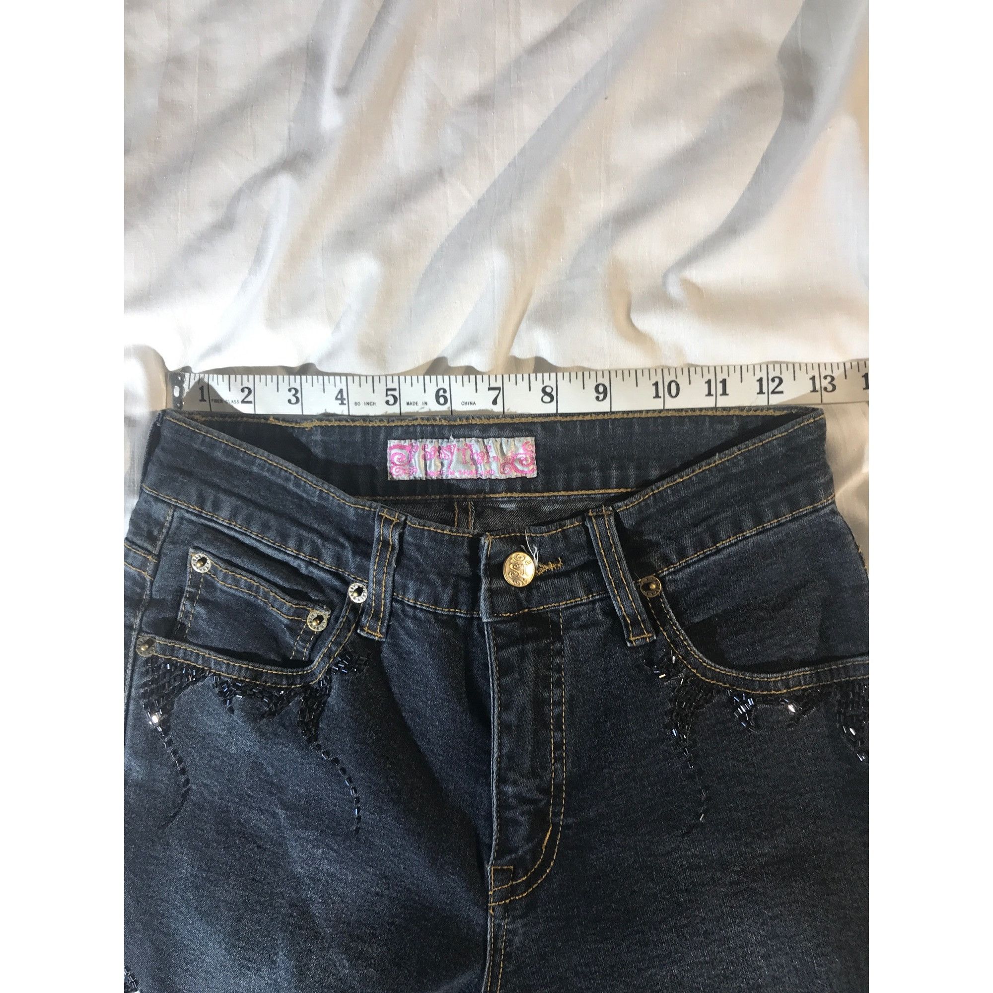 Vintage Sassy Thai Women's Vintage Blue & Black Beaded Flare Jeans Size 26" / US 2 / IT 38 - 7 Thumbnail