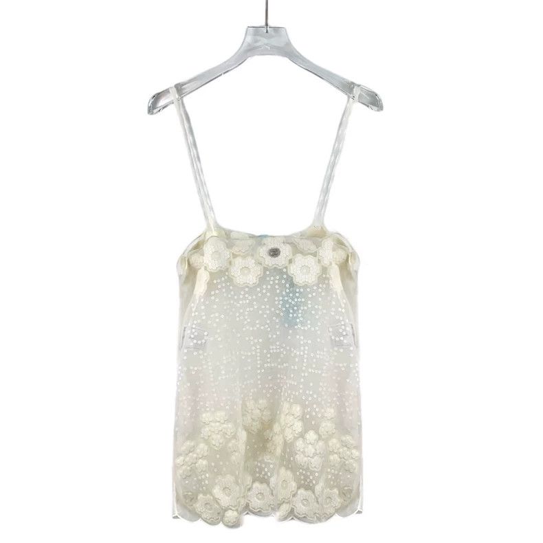 Chanel Chanel Beige sequin camellia embroidered cotton lace suspe Size XS / US 0-2 / IT 36-38 - 1 Thumbnail