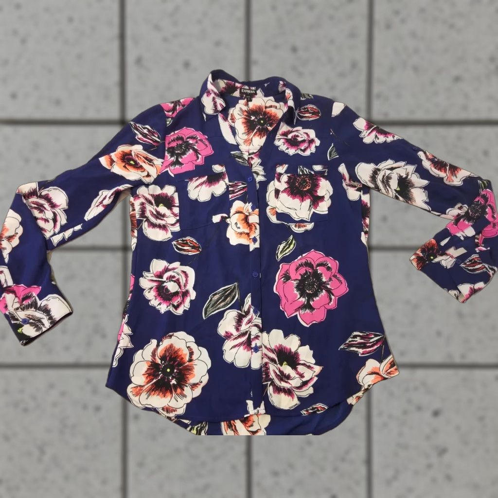 Express Womens Express Dress Shirt S Small Navy Blue Button Blouse Portofino Size S / US 4 / IT 40 - 1 Thumbnail