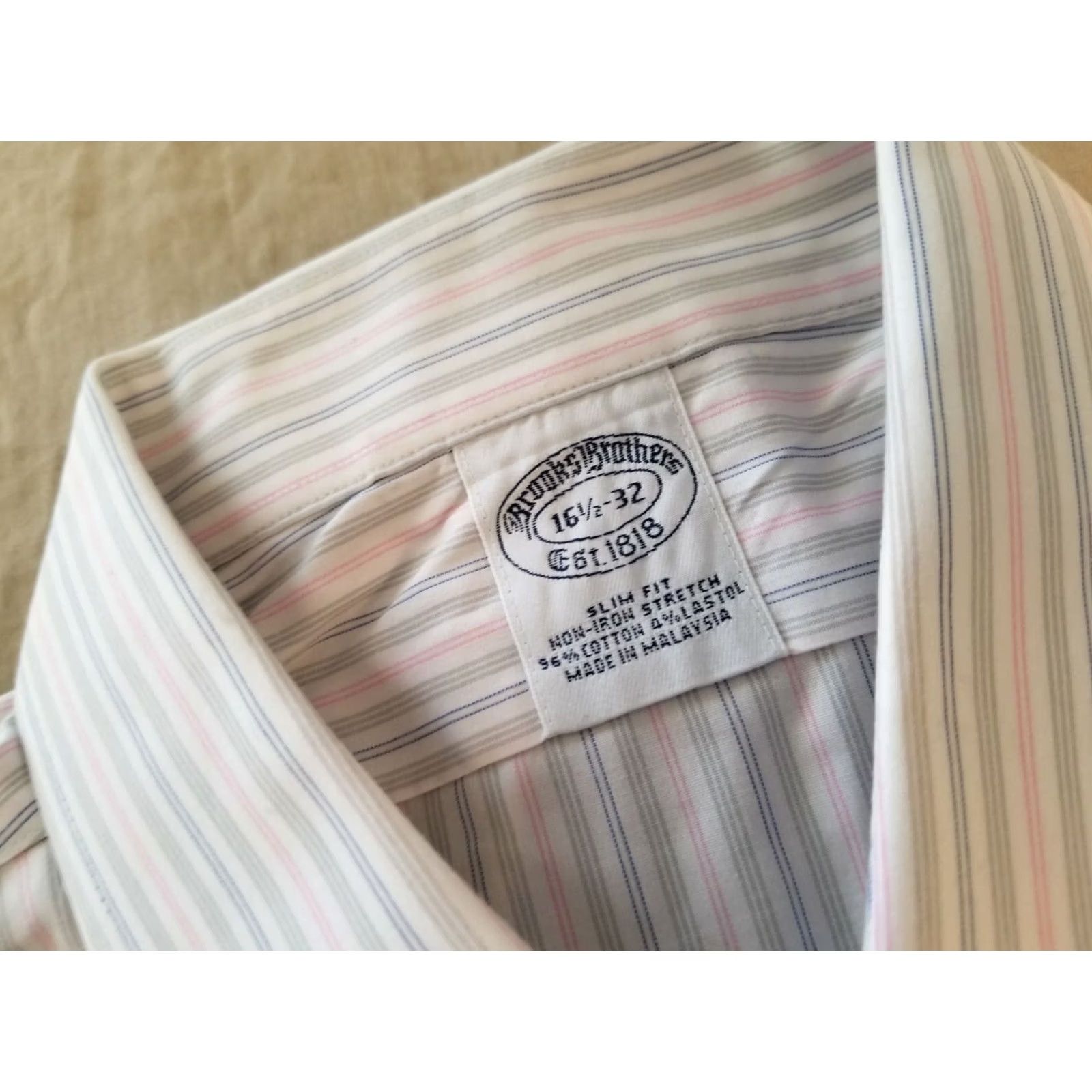 Brooks Brothers VINTAGE Brooks Brothers Dress Shirt Beige White Button-Up Long Sleeve 16.5 32 Mens Regular Cotton 16.5 32 Size 46R - 4 Thumbnail