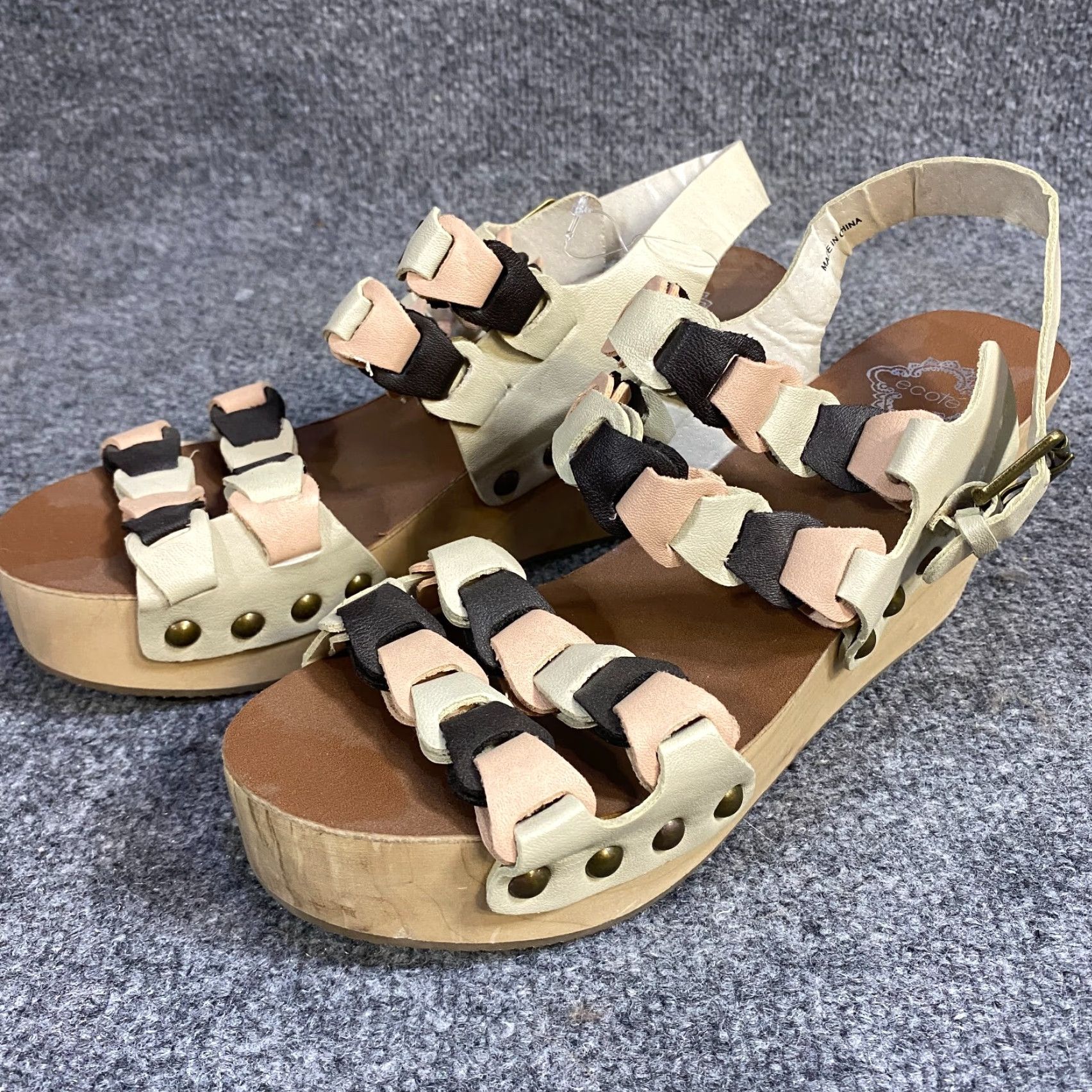 Vintage Ecote Sandals Womens 8 Beige Leather Strappy Platform Wood NEW Size US 8 / IT 38 - 2 Thumbnail