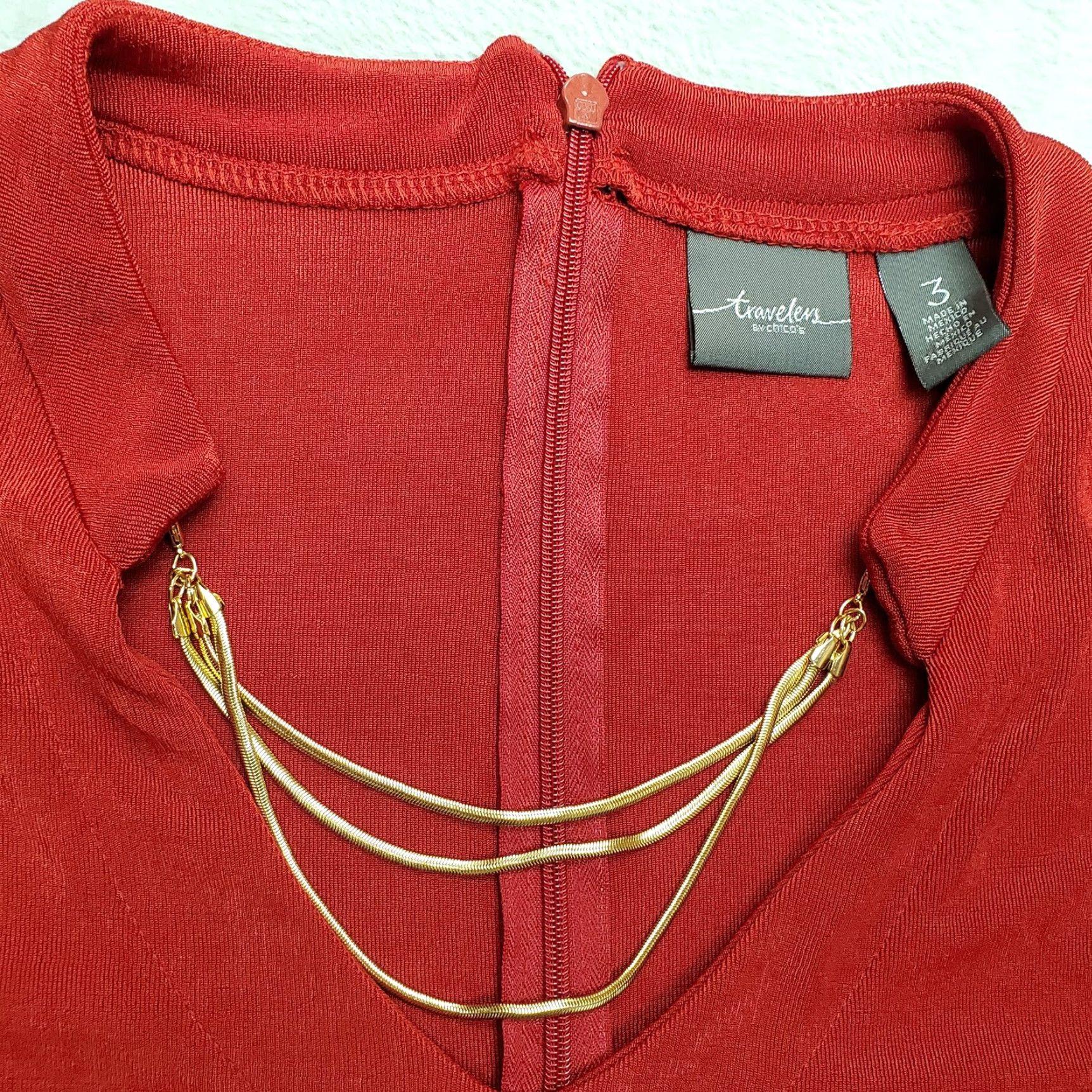 Vintage Chicos Top Womens Size 3 Red Trevelers Stretch Blend Gold Chain Casual Blouse Knit V-Neck Long Sleeve Easy Care Machine Washable Size XS / US 0-2 / IT 36-38 - 4 Thumbnail