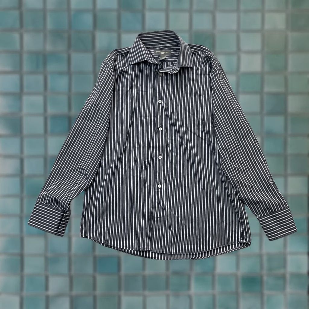 Banana Republic VINTAGE Banana Republic Shirt Mens L Black Dress Striped Cotton Button Up Business Size 42R - 1 Thumbnail