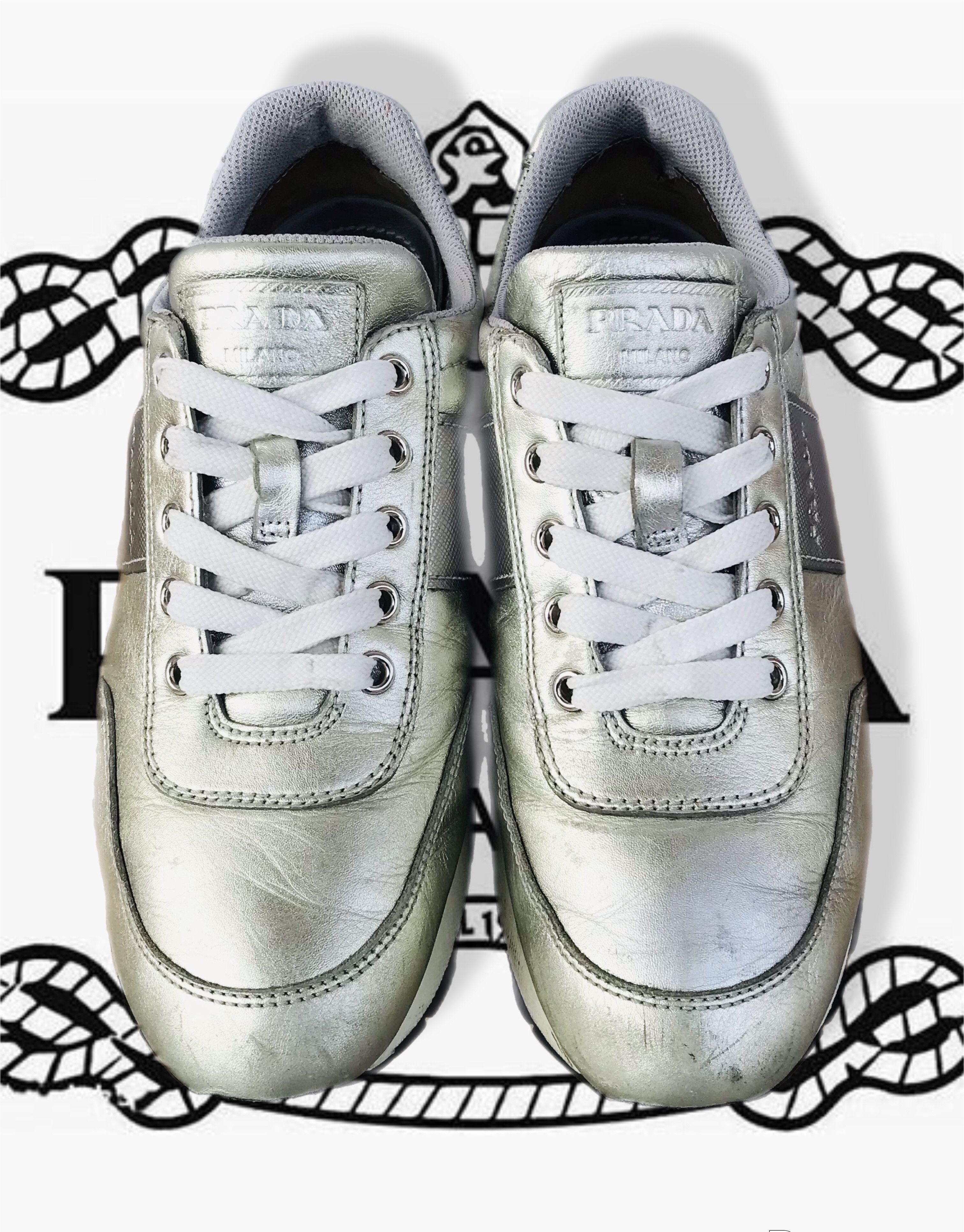 Prada Prada Milano Leather Lace-Up Sneakers Silver Women's Nappa Size US 7 / IT 37 - 5 Thumbnail