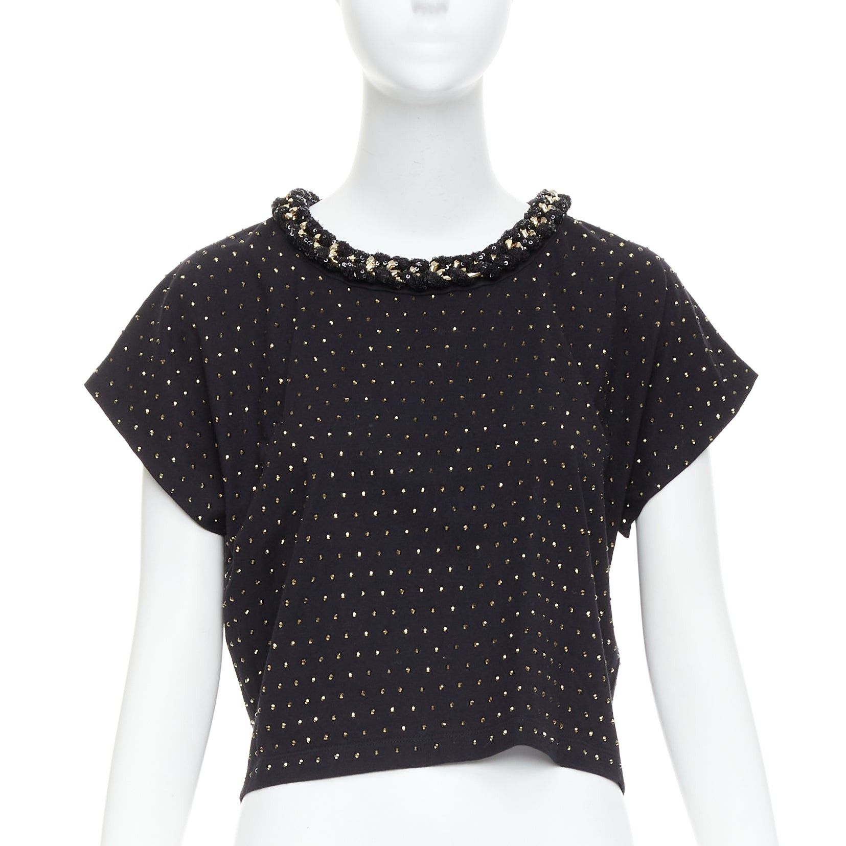 Balmain BALMAIN gold crystal rhinestone chain embellished black crop tshirt XS Size S / US 4 / IT 40 - 1 Thumbnail