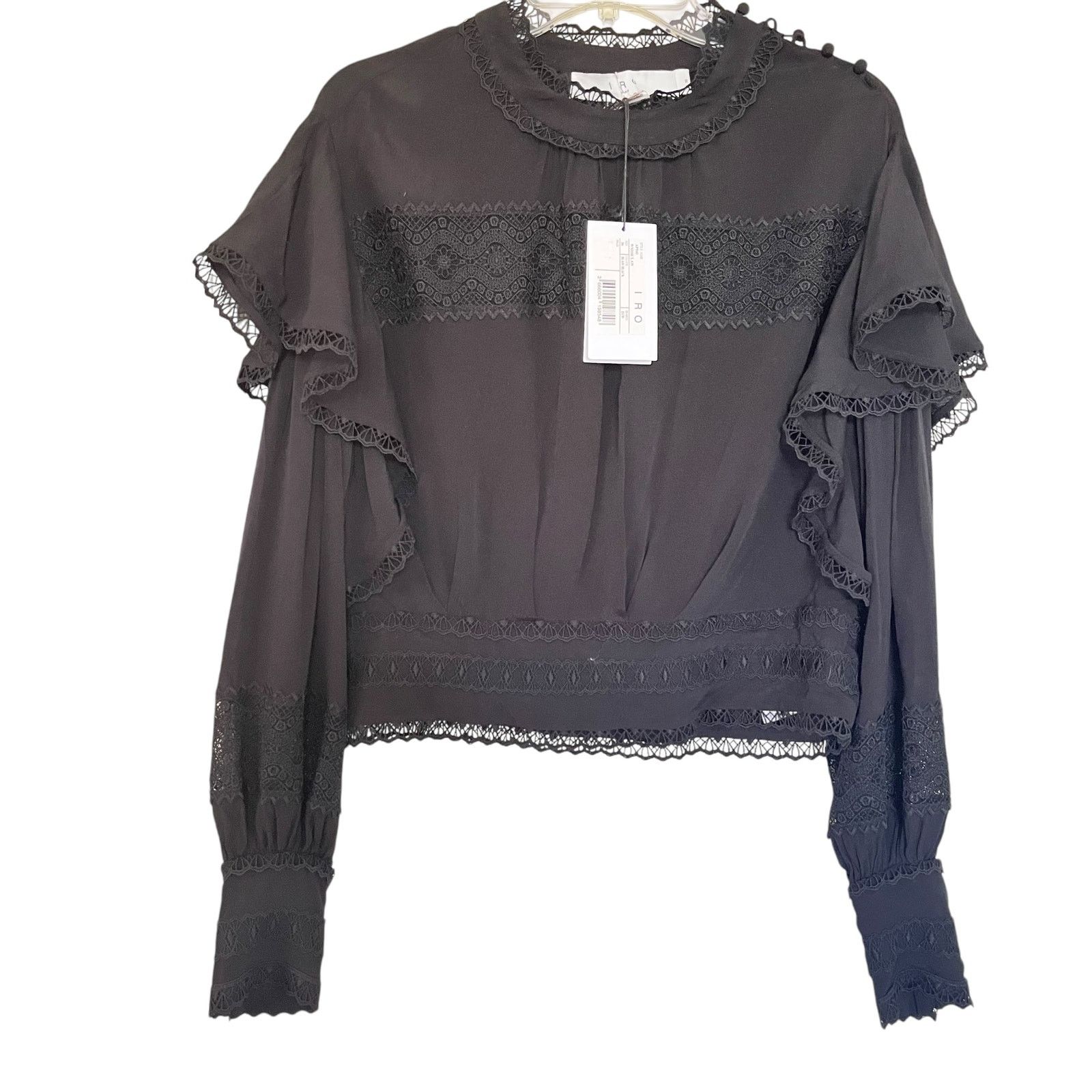 Iro IRO Claw Guipure Lace Trimmed Ruffled Crepe Black Blouse Size S / US 4 / IT 40 - 2 Thumbnail