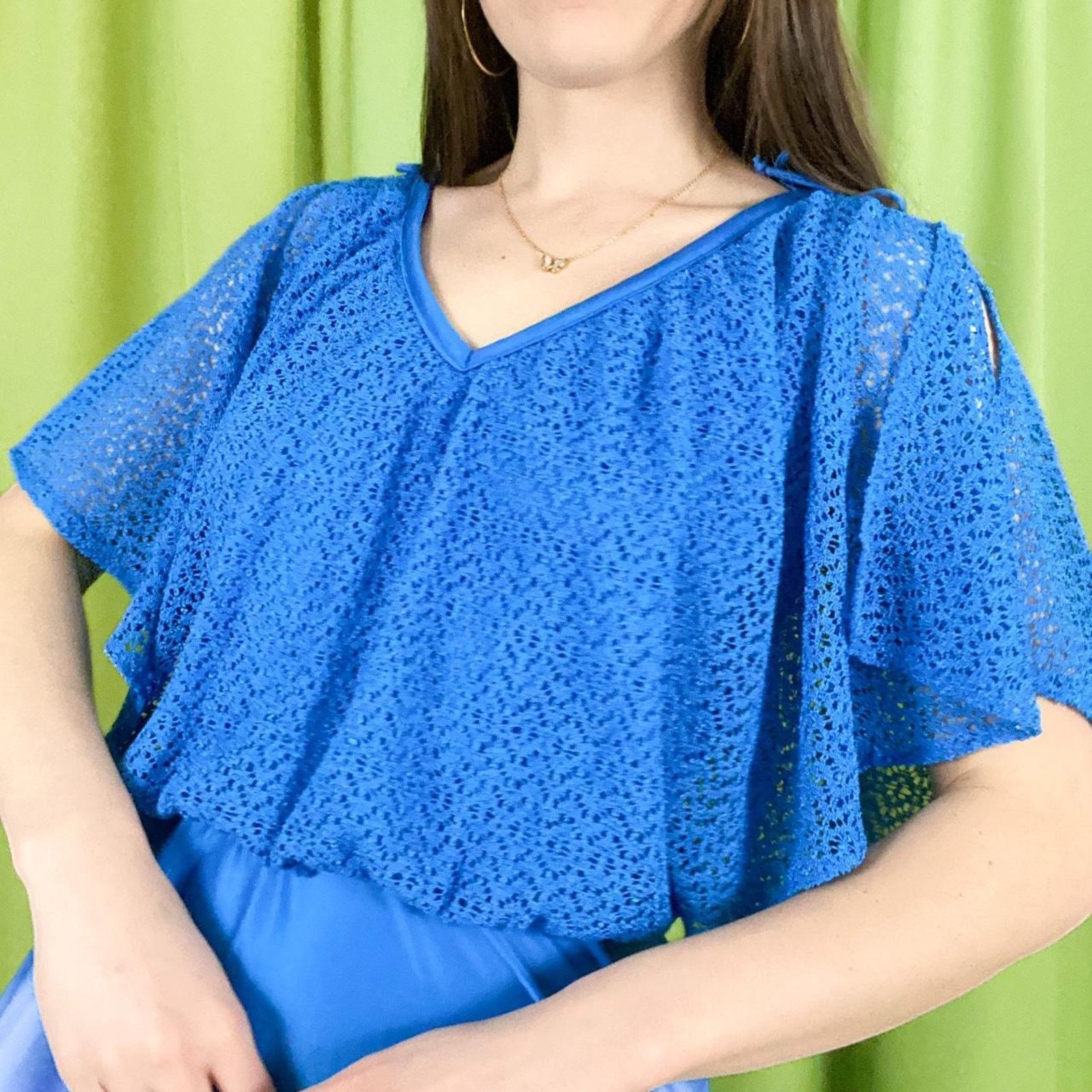 Vintage 80s Vintage Royal Blue Crochet Top Bat Wing Sleeve Maxi Gown Size M / US 6-8 / IT 42-44 - 2 Thumbnail