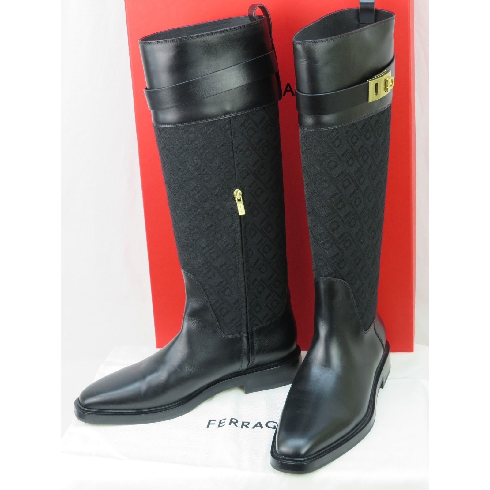 Salvatore Ferragamo FERRAGAMO ROLY BLACK LEATHER SUEDE GANCINI TALL BOOTS 9.5 C Size US 9.5 / IT 39.5 - 3 Thumbnail