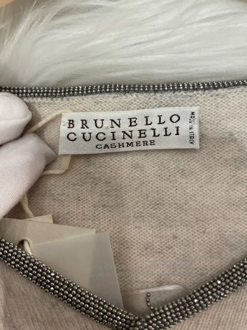 Brunello Cucinelli Brunello Cucinelli Beige Grey Cashmere Beaded T-Shirt Size XS / US 0-2 / IT 36-38 - 6 Thumbnail