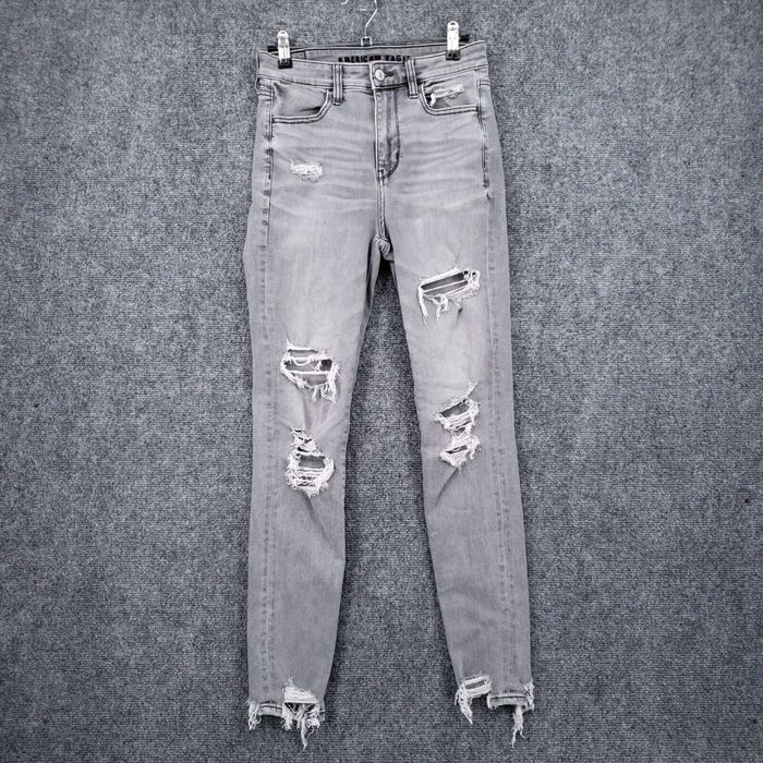 American Eagle super hi-rise skinny jeans with rips in grey